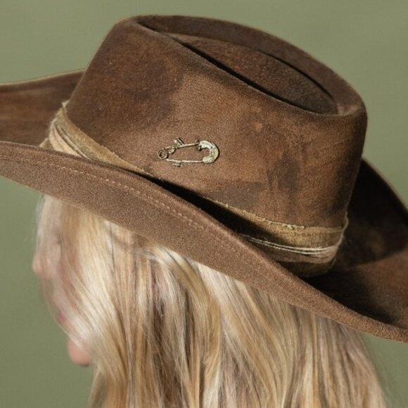 Distressed Burned Brown Faux Suede Shapeable Brim Women's Hat - Picture 5 of 8